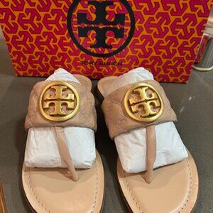 Tory Burch Benton Band Sandal, Size 7, Goan Sand/Rolled Brass